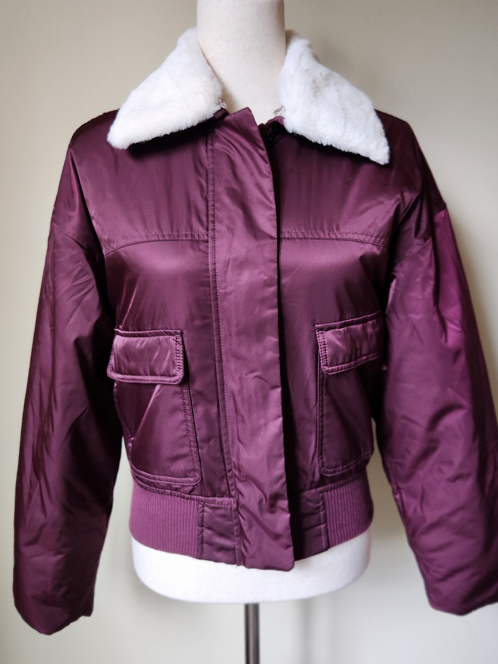 Faux Fur Collar Plum Wine Burgandy Satin Bomber Jacket Water Resistant XS